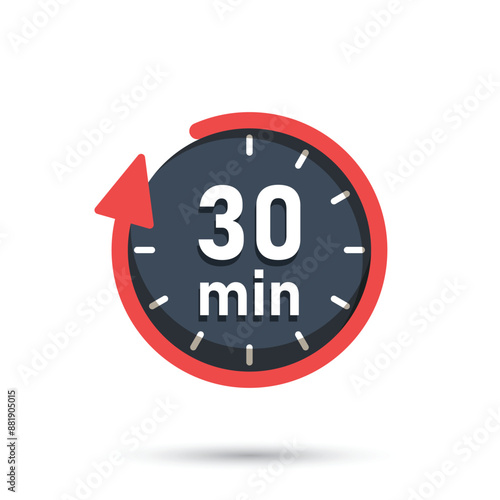 30 minutes on stopwatch icon in flat style. Clock face timer vector illustration on isolated background. Countdown sign business concept.