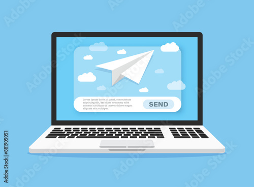 Banner of email marketing with laptop computer icon in flat style. Subscription to newsletter vector illustration on isolated background. Subscribe, submit sign business concept.