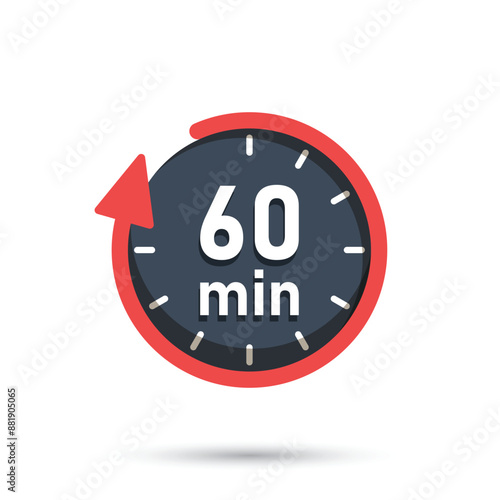 60 minutes on stopwatch icon in flat style. Clock face timer vector illustration on isolated background. Countdown sign business concept.