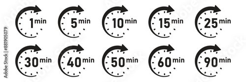From 1 minite to 90 minutes on stopwatch icon in flat style. Clock face timer vector illustration on isolated background. Countdown sign business concept.