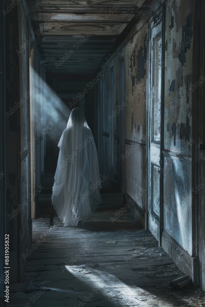 Woman in White Veil Walking Down Hallway Woman in White Veil Walking Down Hallway