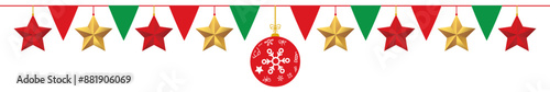 Hanging christmas balls, stars, flags garland holiday party banner. Xmas decoration element isolated on transparent background.