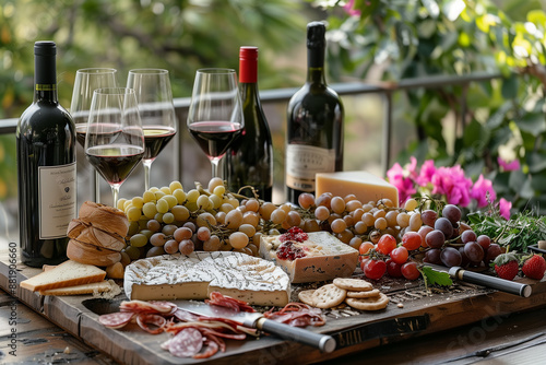 Cheese board and wine glasses on an outdoor table