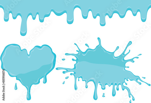 Set of green drips, stains and splashes of jelly on white background. Vector slime illustration	