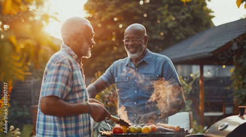 An elderly gay couple cooks vegetables on the grill. Two happy black men are standing in the garden next to the grill and chatting. The neighbors cook food photo