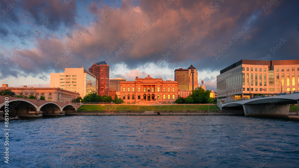Des Moines, Iowa, USA. Cityscape image of Des Moines skyline, Iowa, USA at summer sunrise.