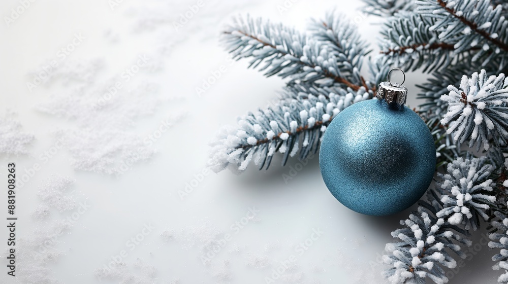 Blue Christmas ornament with frosted pine branches against white background. Christmas and New Year festive concept. Template for greeting card, invitation, banner with copy space. Blue Christmas ornament with frosted pine branches against white background. Christmas and New Year festive concept. Template for greeting card, invitation, banner with copy space.