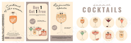 Retro groovy characters summer cocktails. Trendy psychedelic bundle of round covers and social media marketing with cute alcohol beverage. Vector illustration