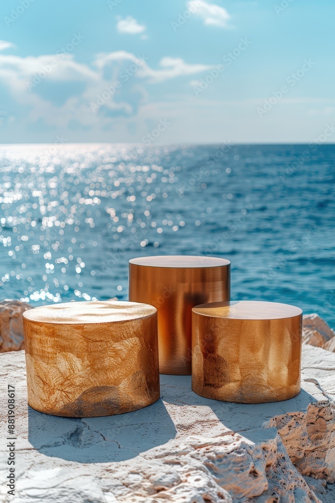 Modern Golden Cylindrical Sculptures on Rocky Shore with Sparkling Ocean Background Modern Golden Cylindrical Sculptures on Rocky Shore with Sparkling Ocean Background