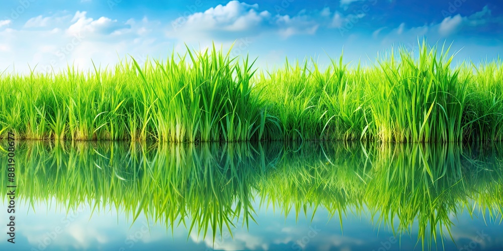 Fototapeta premium Green grass reflected in calm water , nature, reflection, serene, peaceful, tranquil, greenery, symmetry, pond, lake, environment