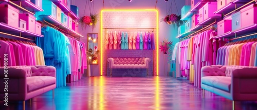 Wallpaper Mural Petite boutique with fashionable goods in a market, neon accents, digital rendering, high detail, vibrant environment Torontodigital.ca