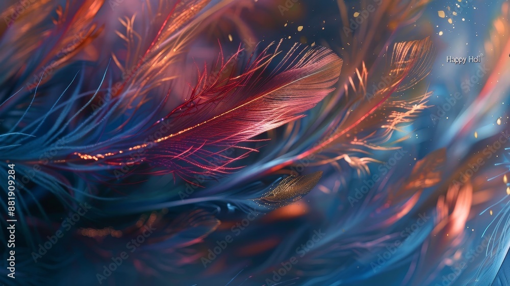 Fototapeta premium Feather-like wallpaper with vivid Holi colors and softly glowing 'Happy Holi'