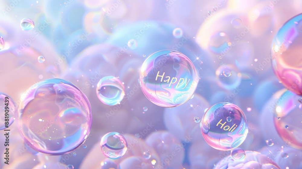 Soft gradient bubbles with pastel Holi hues and 'Happy Holi' floating within Soft gradient bubbles with pastel Holi hues and 'Happy Holi' floating within