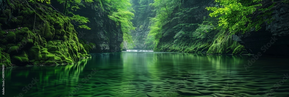 Obraz premium A tranquil river flowing through a lush green canyon