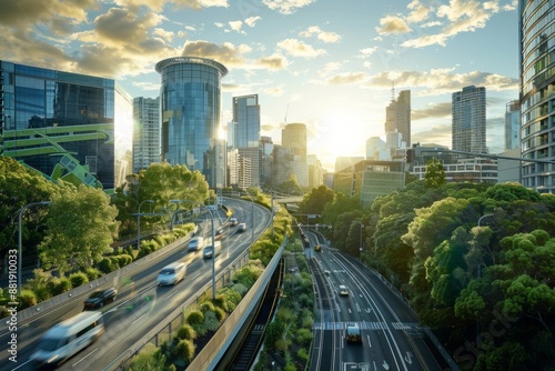 Vibrant Cityscape Showcasing Modern Urban Development and Sustainable City Transformation, Highlighting Green Spaces and Eco-Friendly Infrastructure.