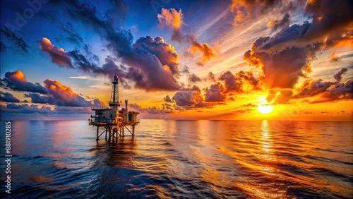 Vibrant sunrise illuminating offshore oil rig in the ocean, sunrise, offshore, oil rig, ocean, colorful, vibrant, reflection