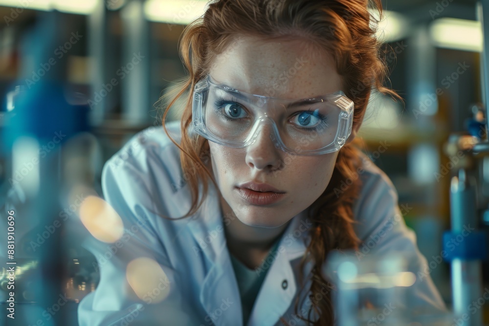 An image showing a woman wearing a lab coat and safety goggles, holding scientific equipment, indicating she is a scientist. An image showing a woman wearing a lab coat and safety goggles, holding scientific equipment, indicating she is a scientist.