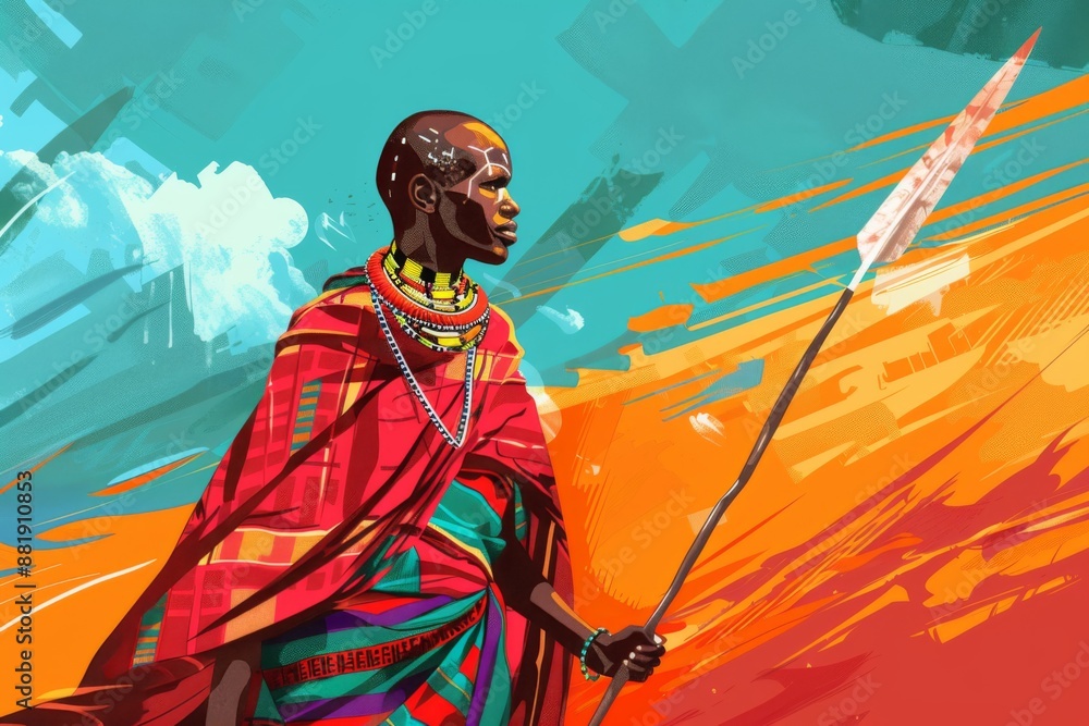 Fototapeta premium An individual dressed in traditional Maasai clothing and holding a spear, suggesting their occupation as a warrior or tribal leader.