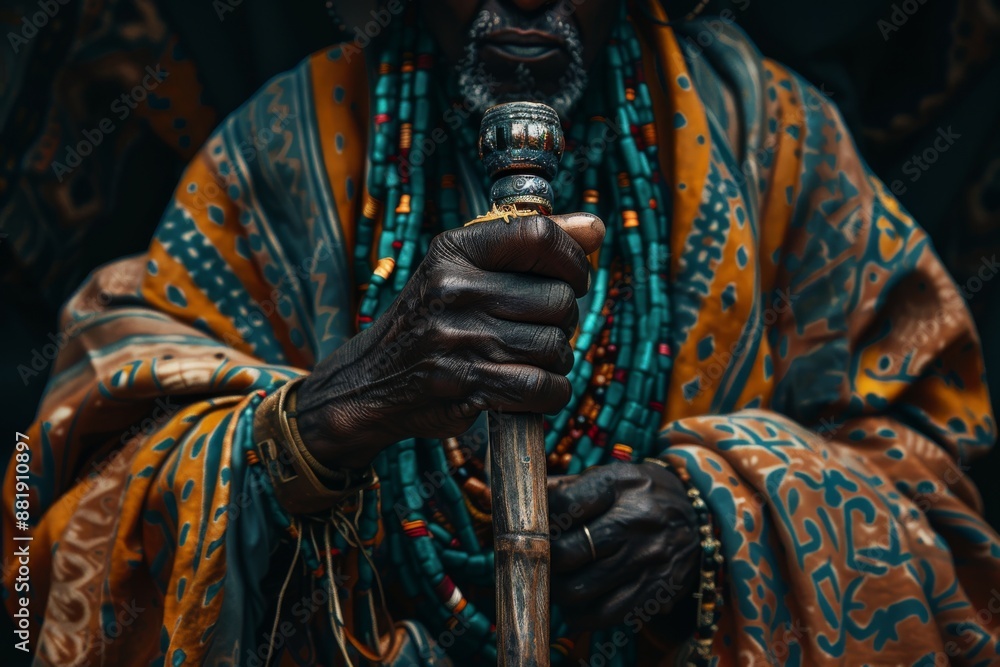 Fototapeta premium An individual in traditional attire from an exotic culture, holding a unique tool or object specific to their profession. 