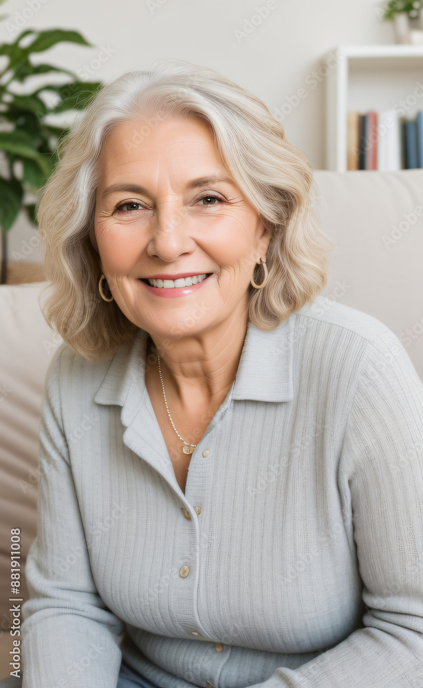 A smiling retiree on a video call, her homey sofa in the background. A smiling retiree on a video call, her homey sofa in the background.