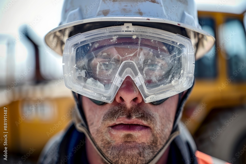 An up-close shot of a person wearing a hard hat and safety goggles, with construction equipment in the background, suggesting they work in construction. An up-close shot of a person wearing a hard hat and safety goggles, with construction equipment in the background, suggesting they work in construction.