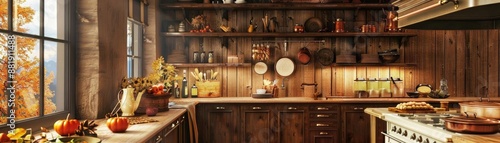 Rustic kitchen with wooden cabinets, fall decorations, and a large window showing autumn leaves. Cozy and inviting atmosphere. © Thamonchanok