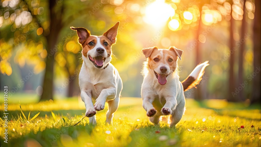 Jack Russell and terrier mix dog playing and frolicking in a sunlit park , playful, pets, animals, energetic, active, outdoor Jack Russell and terrier mix dog playing and frolicking in a sunlit park , playful, pets, animals, energetic, active, outdoor