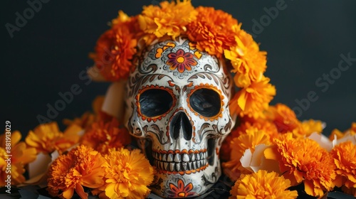 Sugar Skull with Orange Flowers © Alexandr