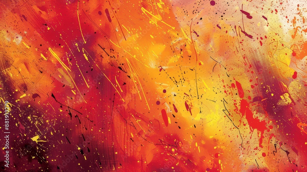 Bold paint splatters in bright bonfire hues creating a dynamic visual Bold paint splatters in bright bonfire hues creating a dynamic visual
