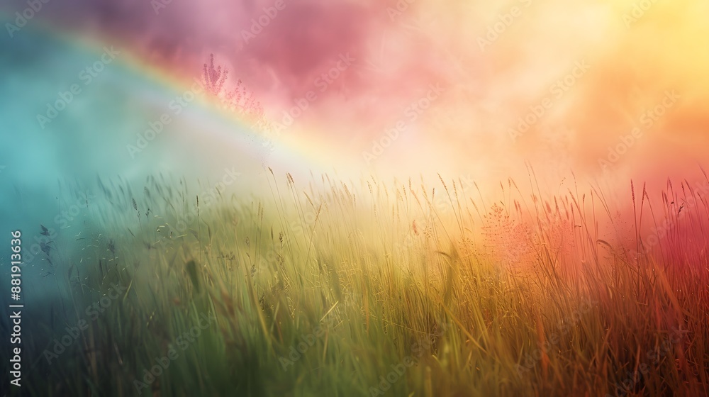 Fototapeta premium Ethereal rainbow spectrum crossing a wild grassy meadow in soft daylight.