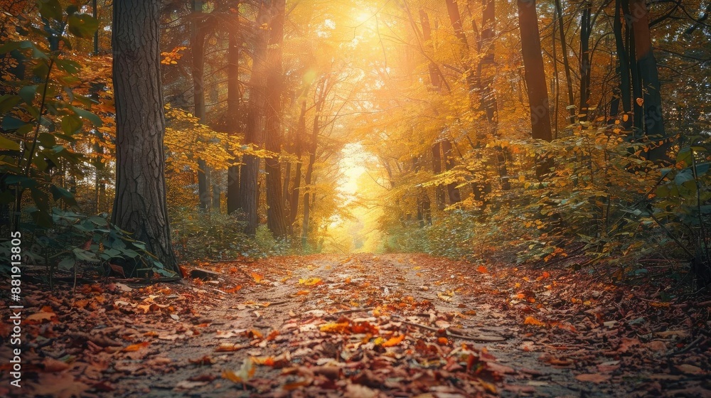 Fototapeta premium A serene autumn forest path bathed in warm sunlight, covered with fallen leaves and surrounded by colorful foliage.