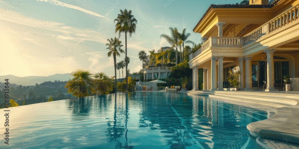 A pool overlooking the mountains and palm trees, perfect for relaxation