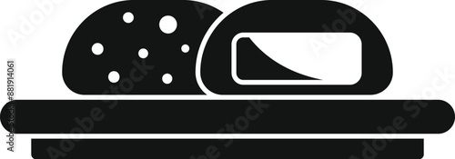 Black glyph icon representing a bread and a bun sitting on a restaurant serving tray