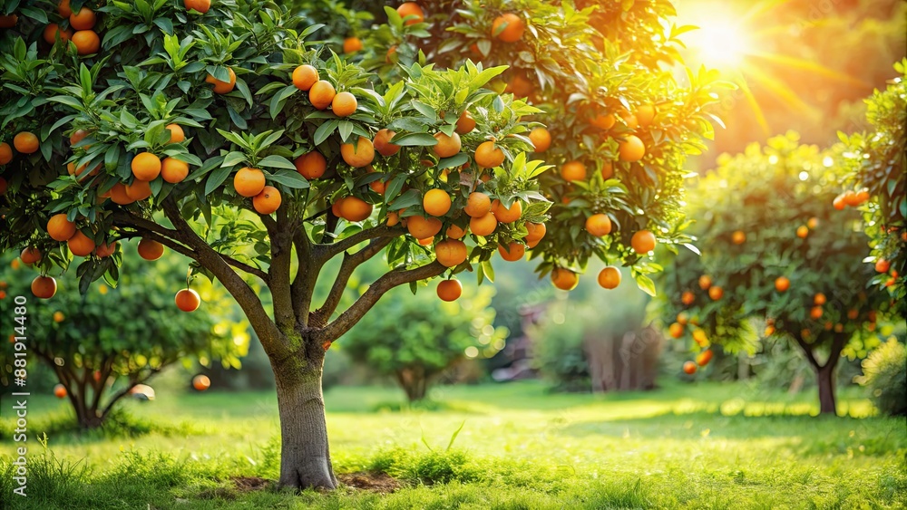 Fototapeta premium Orange tree in a lush green garden bathed in sunlight, orange tree, garden, sunlight, nature, outdoor, vibrant, leaves