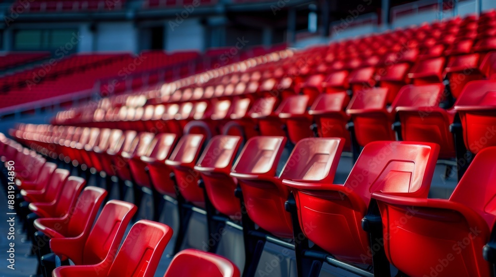 Fototapeta premium Seats of red tribune on sport stadium. empty outdoor arena