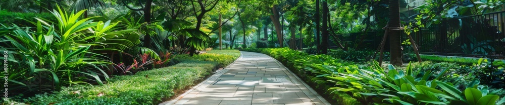 Fototapeta premium Lush Green Sidewalk Surrounded by Vibrant Flora: The Ideal Choice for Sustainable Urban Planning and Eco-friendly Cityscapes