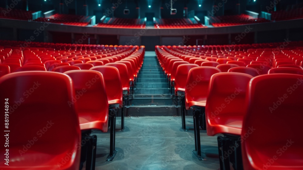 Seats of red tribune on sport stadium. empty outdoor arena Seats of red tribune on sport stadium. empty outdoor arena