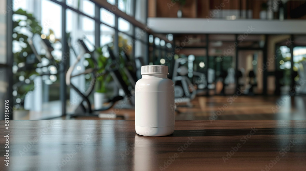 A white supplement bottle placed on the table in front of blurred gym A white supplement bottle placed on the table in front of blurred gym