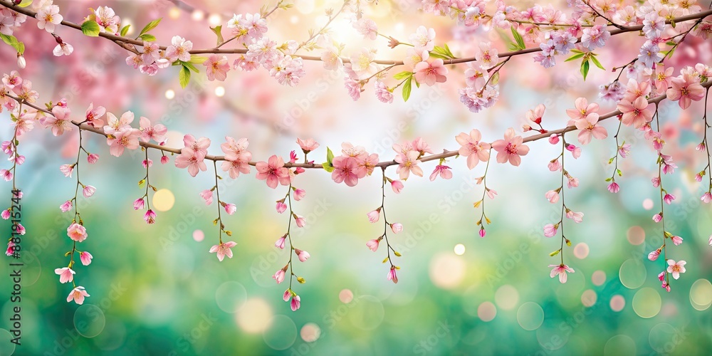 Romantic of hanging cherry blossom garlands on a spring background, cherry blossoms, garlands, romantic, spring, background Romantic of hanging cherry blossom garlands on a spring background, cherry blossoms, garlands, romantic, spring, background