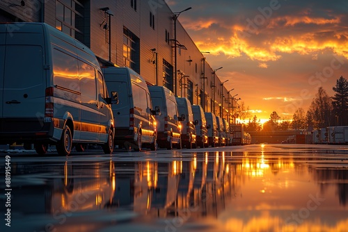 Fleet of white delivery vans stationed outside a modern logistics center, emphasizing efficient distribution