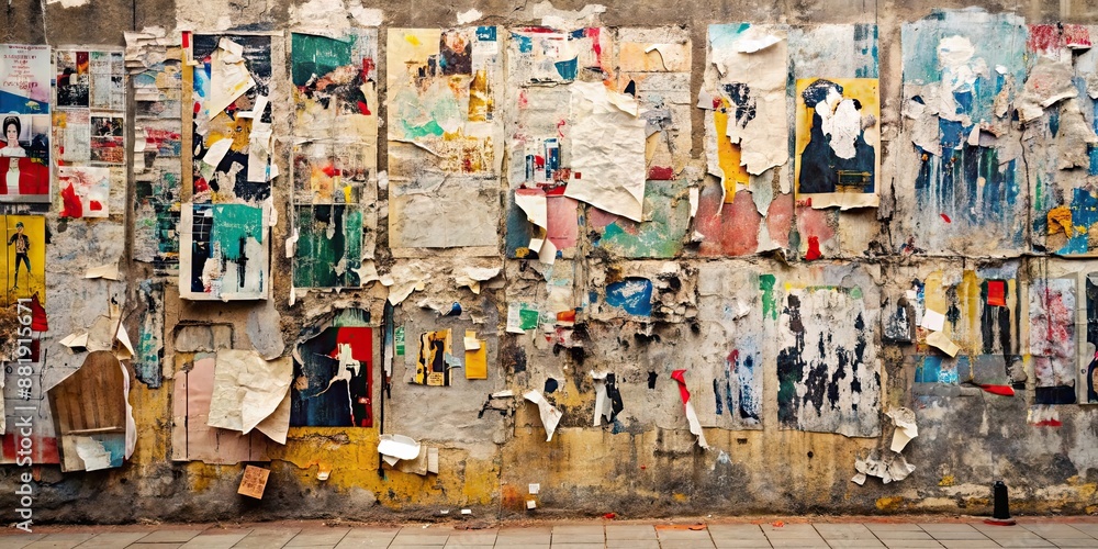 Fototapeta premium Torn posters collage on a grungy urban wall , urban, grunge, street art, ripped paper, weathered, vandalism, colorful