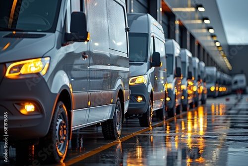 Fleet of white delivery vans stationed outside a modern logistics center, emphasizing efficient distribution