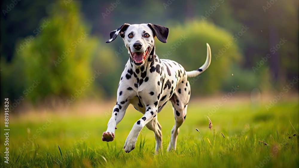 Playful Dalmatian dog with black spots running in a grassy field, Dalmatian, dog, pet, playful, running, spotted, black and white Playful Dalmatian dog with black spots running in a grassy field, Dalmatian, dog, pet, playful, running, spotted, black and white