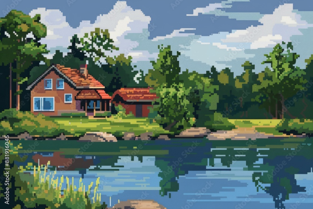 Obraz premium Pixel art promoting water conservation: A lakeside family recognizes the importance of water conservation for a sustainable future, World Environment Day holiday theme.