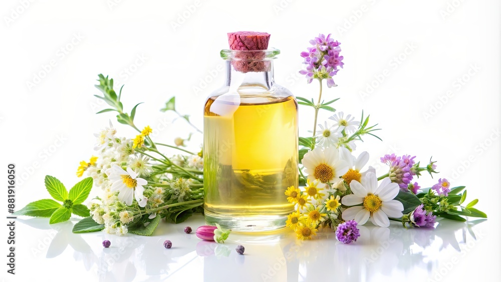 Herbal oil bottle with delicate flowers on a white background, herbal oil, bottle, flowers, natural, aromatic Herbal oil bottle with delicate flowers on a white background, herbal oil, bottle, flowers, natural, aromatic