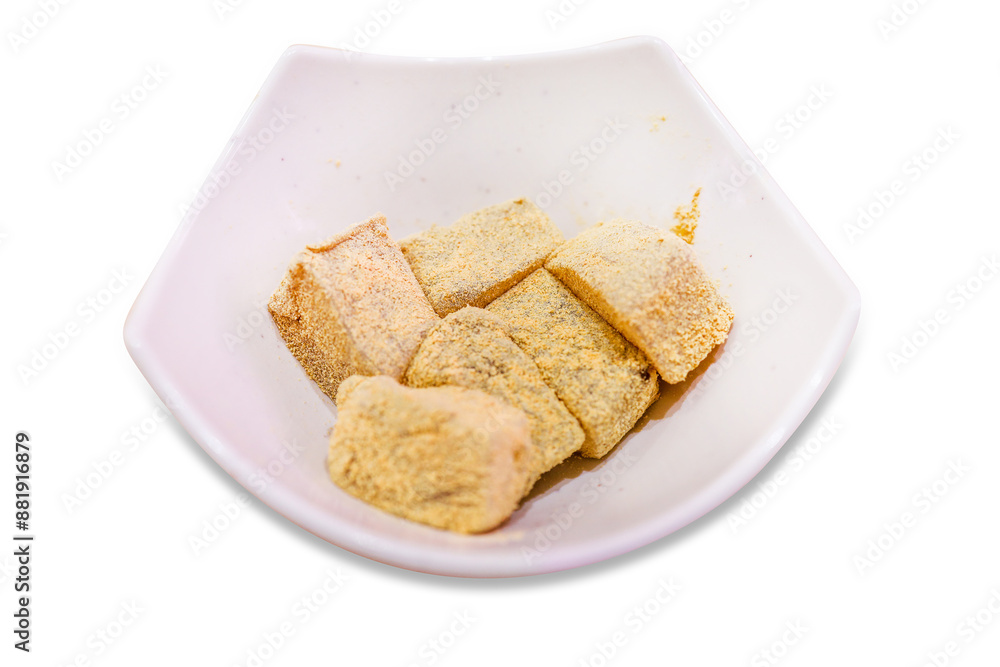 Top view of Japanese fresh warabi-mochi in white bowl, focus selective Top view of Japanese fresh warabi-mochi in white bowl, focus selective