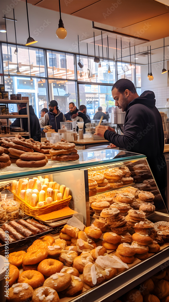 Bustling Scene of a Colorful, Cozy BK Bakery Filled with a Wide Variety of Pastries and Patrons Bustling Scene of a Colorful, Cozy BK Bakery Filled with a Wide Variety of Pastries and Patrons