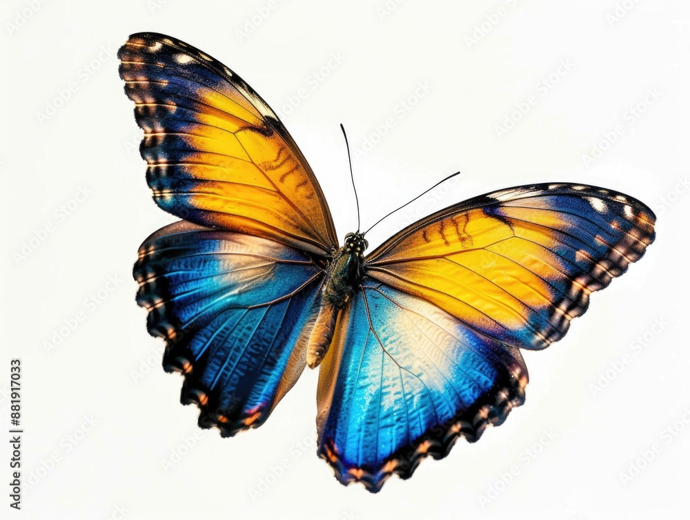 Close-up of a blue and yellow butterfly perched on a white background, ideal for use in educational or scientific illustrations Close-up of a blue and yellow butterfly perched on a white background, ideal for use in educational or scientific illustrations