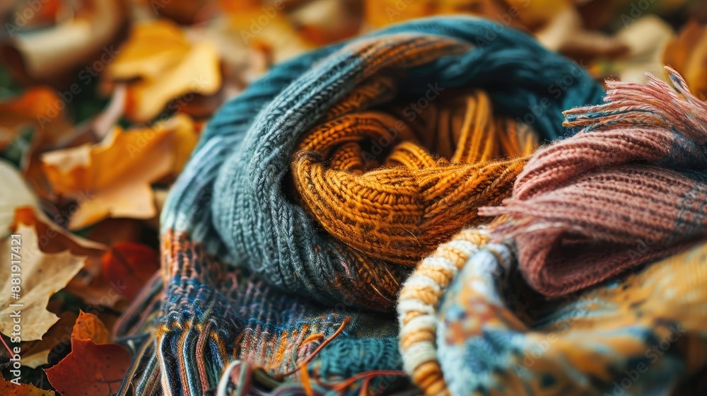 Cozy autumn scene with colorful scarves intertwined on the ground, surrounded by fallen leaves, capturing the essence of fall warmth. Cozy autumn scene with colorful scarves intertwined on the ground, surrounded by fallen leaves, capturing the essence of fall warmth.