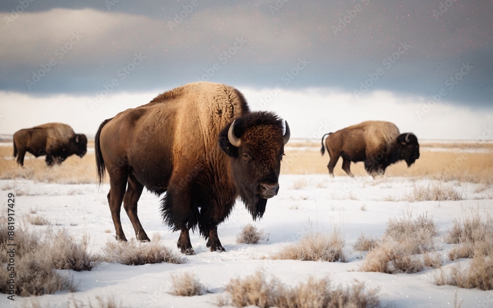 Majestic Bison in a Winter Wonderland. A powerful bison stands tall in a snowy field, its dark fur contrasting against the white landscape. Majestic Bison in a Winter Wonderland. A powerful bison stands tall in a snowy field, its dark fur contrasting against the white landscape.